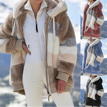 Load image into Gallery viewer, Autumn and Winter Warm Plush Patchwork Zipper Pocket Hooded Loose Coat Women