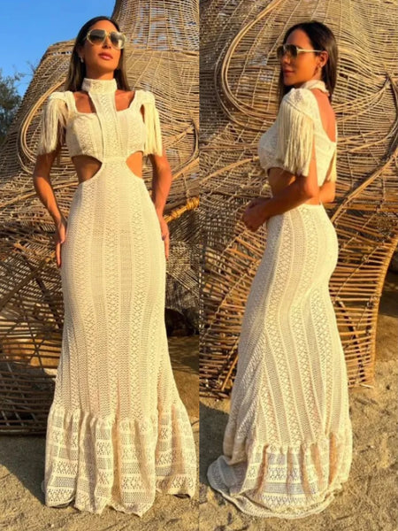Sexy White Lace Women Dress Turtleneck Tassel Sleeve Slim Naked Waist Hollow Out Long Dress Summer Beach Female Knit Robe