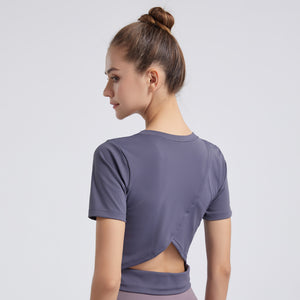 5 Colors Yoga Short Sleeves Solid Color Bare Navel Open Back Yoga Jacket Women Practice Quick Dry Fitness T Shirt