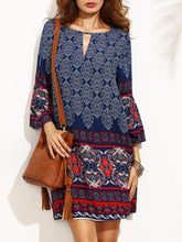 Load image into Gallery viewer, Classical Navy Blue Bohemia Long Sleeve Round Neck Mini Dress