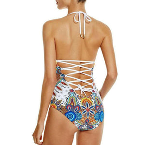Siamese Print Gathered Multi-Rope Backless Sexy Swimwear