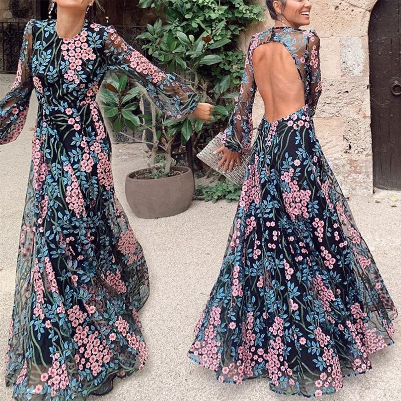 Printed Backless Long Sleeve Maxi Dress
