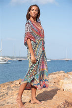 Load image into Gallery viewer, Women Retro Print Beach Cover Up Long Kaftan Dress Sun Protection Beachwear