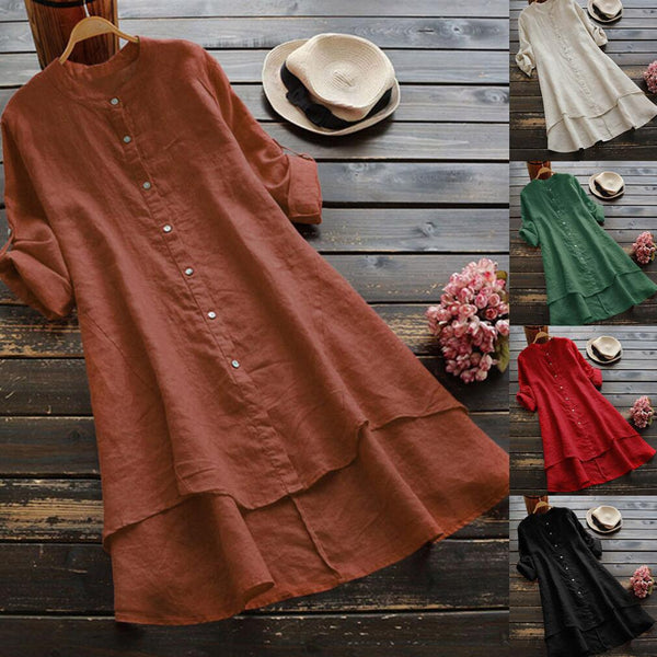 Summer Women's Solid Button Cotton Linen Long Sleeve Long Shirt Dress