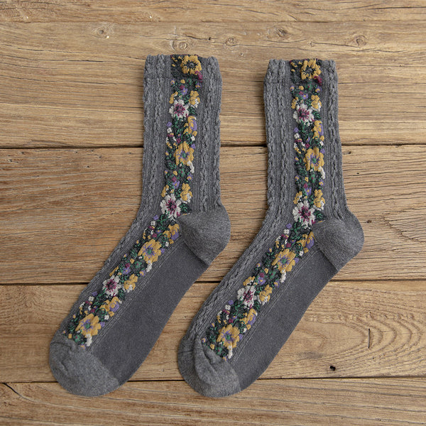 Twist Pattern Medium Tube Women's Literary Cotton Socks Ethnic Style Flower Dark Pattern Socks