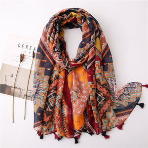 Japanese Literary and Artistic Fresh Cotton and Linen Scarf Retro Patchwork Bohemian Cashew Print Silk Scarf Beautiful Sunscreen Scarf