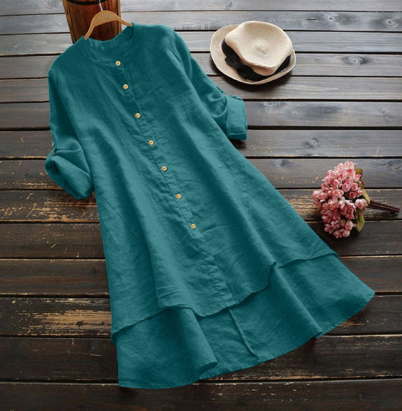 Summer Women's Solid Button Cotton Linen Long Sleeve Long Shirt Dress
