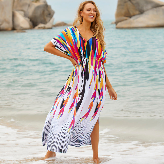 Loose Rainbow Color Super Adult Cotton Drawstring Belt Loose Positioning Beach Smock Vacation Robe Dress