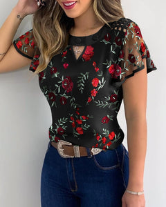 Popular Flower Embroidery Perspective Mesh Ruffle Sleeve Hollow Casual Top
