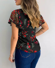 Load image into Gallery viewer, Popular Flower Embroidery Perspective Mesh Ruffle Sleeve Hollow Casual Top