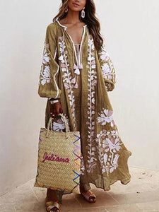 Autumn New V-neck Long-sleeved Printed Long Loose Dress