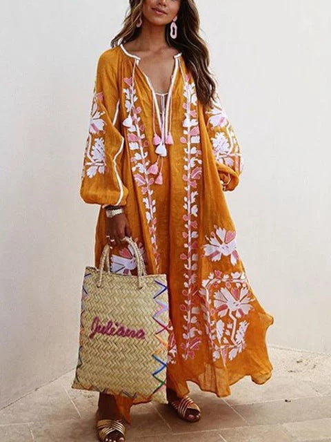 Autumn New V-neck Long-sleeved Printed Long Loose Dress