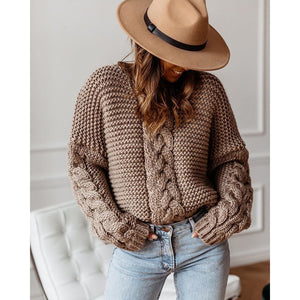 Autumn and Winter Popular Solid Pullover V-neck Fried Dough Twists Loose Sweater Casual Knitwear Women