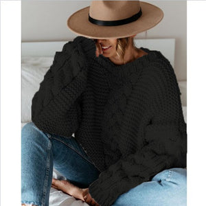 Autumn and Winter Popular Solid Pullover V-neck Fried Dough Twists Loose Sweater Casual Knitwear Women