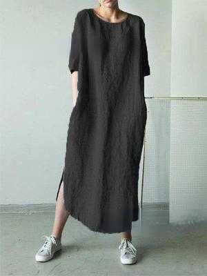 Round Neck Half Sleeve Solid Color Side Slit Mid Calf Cotton Linen Dress for Women