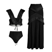 Load image into Gallery viewer, 2024 V Neck Fringe Trim Bikini Swimsuit High Waist Swimwear with Skirt for Women Halter Bathing Suits Print Summer Female