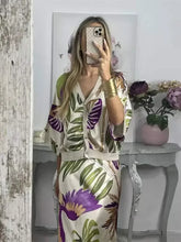 Load image into Gallery viewer, 2024 Women Elegant Print Stain Skirt Sets Fashion Loose V Neck Half Sleeve Shirt Two Pieces Suits Summer Chic Office Lady Outfit