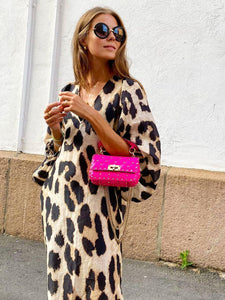 Autumn and Winter New Fashion Leopard Pattern Loose Lantern Sleeve Dress Long Dress