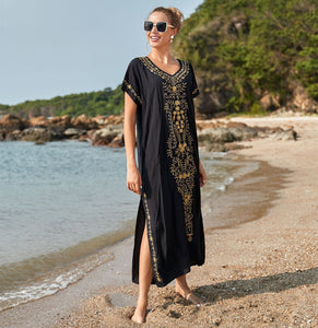 Artificial Cotton Embroidered Beach Cover Up, Long Robe Style Embroidered Dress, Beach Bikini Sun Protection Cover Up