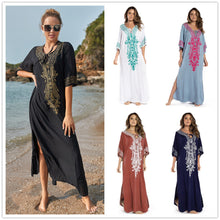 Load image into Gallery viewer, Cotton Embroidered Robe Style Beach Sun Protection Shirt Beach Vacation Bikini Cover Shirt -7 Colors