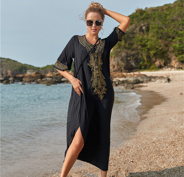 Cotton Embroidered Robe Style Beach Sun Protection Shirt Beach Vacation Bikini Cover Shirt -7 Colors