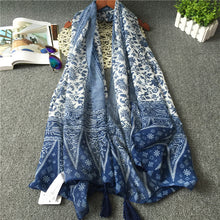 Load image into Gallery viewer, New Vintage Ethnic Silk Scarf Literature and Art Bali Yarn Blue and white porcelain Fringe Scarf Shawl