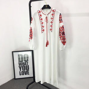 New ethnic style long sleeved mid length dress with embroidered lace up loose A-line lantern sleeve dress