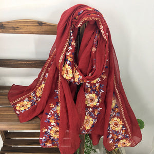 Embroidery Ethnic Style Literary and Artistic Embroidery Cotton and Linen Scarf Shawl Dual-purpose Women's Spring, Autumn and Winter Silk Scarf