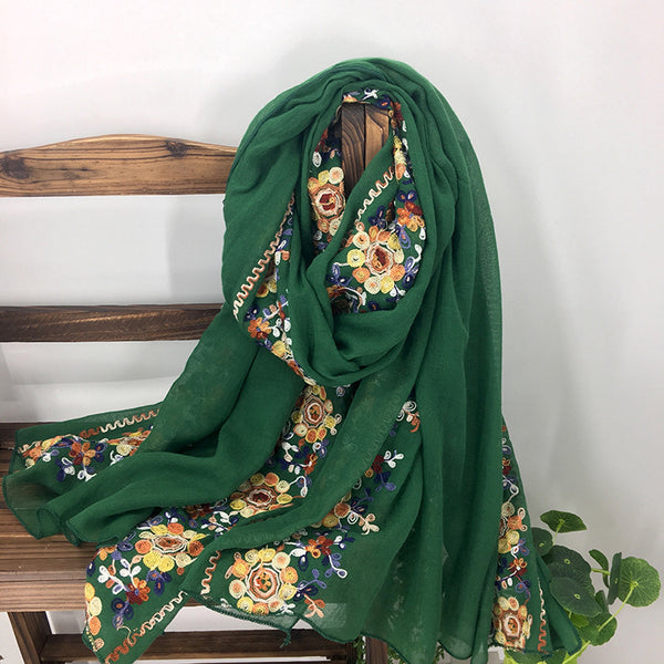 Embroidery Ethnic Style Literary and Artistic Embroidery Cotton and Linen Scarf Shawl Dual-purpose Women's Spring, Autumn and Winter Silk Scarf