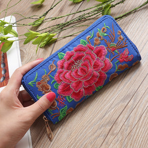 Ethnic Style Purse Single Female Handbag Embroidered Roses Large-capacity Card Bag with Mobile Phone Bag