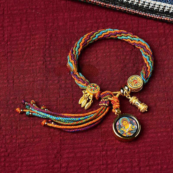 Tibetan Handmade Reincarnation Bracelet Zakiram Green Tara Huangcai Manjushri Thangka Bracelet