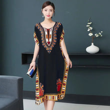 Load image into Gallery viewer, Bohemian National Style Leisure Holiday Beach Printed Poker Indonesia Floral O-neck Loose Midi Dress Pajamas Loungewear Woman