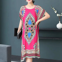 Load image into Gallery viewer, Bohemian National Style Leisure Holiday Beach Printed Poker Indonesia Floral O-neck Loose Midi Dress Pajamas Loungewear Woman