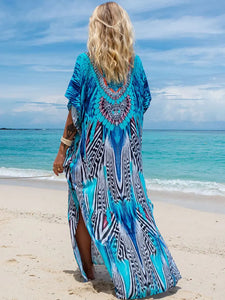 Bohemian Seaside Plus Size Print Kaftan Maxi Dress V Neck Slit Loose Robe Women 2024 Summer Beachwear Swimsuit Cover-ups Q1415