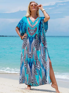 Bohemian Seaside Plus Size Print Kaftan Maxi Dress V Neck Slit Loose Robe Women 2024 Summer Beachwear Swimsuit Cover-ups Q1415