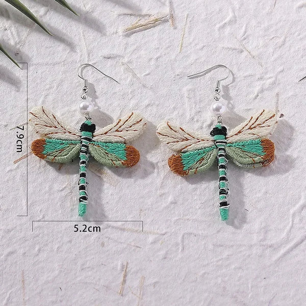 Bohemian Style Vintage New Unique Embroidery Creative Cute Dragonfly Pendants for Women Personalized Fun Drop Earrings Jewelry