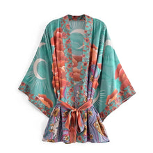 Load image into Gallery viewer, Boho Queens Vintage Star and Moon Floral Print Sashes Women Bohemian V Neck Batwing Sleeves  Happie Short Robe Kimono