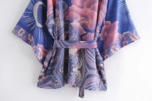 Load image into Gallery viewer, Boho Queens Vintage Star and Moon Floral Print Sashes Women Bohemian V Neck Batwing Sleeves  Happie Short Robe Kimono