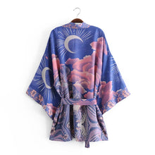 Load image into Gallery viewer, Boho Queens Vintage Star and Moon Floral Print Sashes Women Bohemian V Neck Batwing Sleeves  Happie Short Robe Kimono