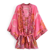 Load image into Gallery viewer, Boho Queens Vintage Star and Moon Floral Print Sashes Women Bohemian V Neck Batwing Sleeves  Happie Short Robe Kimono
