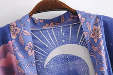 Load image into Gallery viewer, Boho Queens Vintage Star and Moon Floral Print Sashes Women Bohemian V Neck Batwing Sleeves  Happie Short Robe Kimono