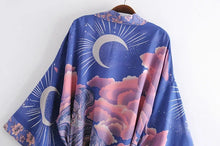 Load image into Gallery viewer, Boho Queens Vintage Star and Moon Floral Print Sashes Women Bohemian V Neck Batwing Sleeves  Happie Short Robe Kimono