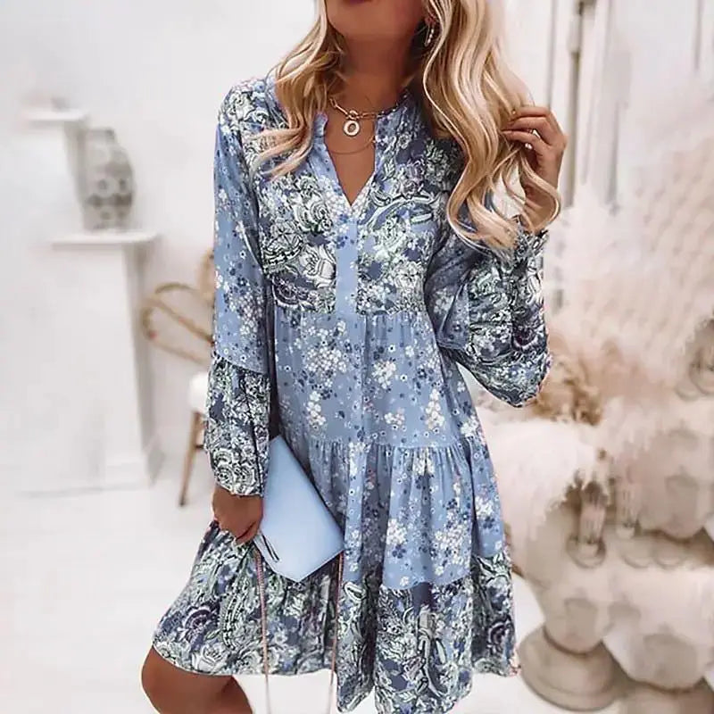 Casual Floral Print Dresses For Women 2024 Sping Summer Boho V Neck Loose A Line Dress Elegant Beach Party Dress Robe Femme