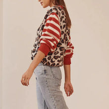 Load image into Gallery viewer, Combhasaki Women&#39;s Y2K Vintage Sweaters Aesthetic Striped Leopard Print Patchwork Button-down Round Neck Loose Fit Knitwear Coat
