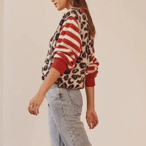 Combhasaki Women's Y2K Vintage Sweaters Aesthetic Striped Leopard Print Patchwork Button-down Round Neck Loose Fit Knitwear Coat