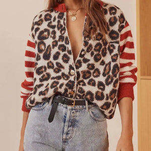 Combhasaki Women's Y2K Vintage Sweaters Aesthetic Striped Leopard Print Patchwork Button-down Round Neck Loose Fit Knitwear Coat
