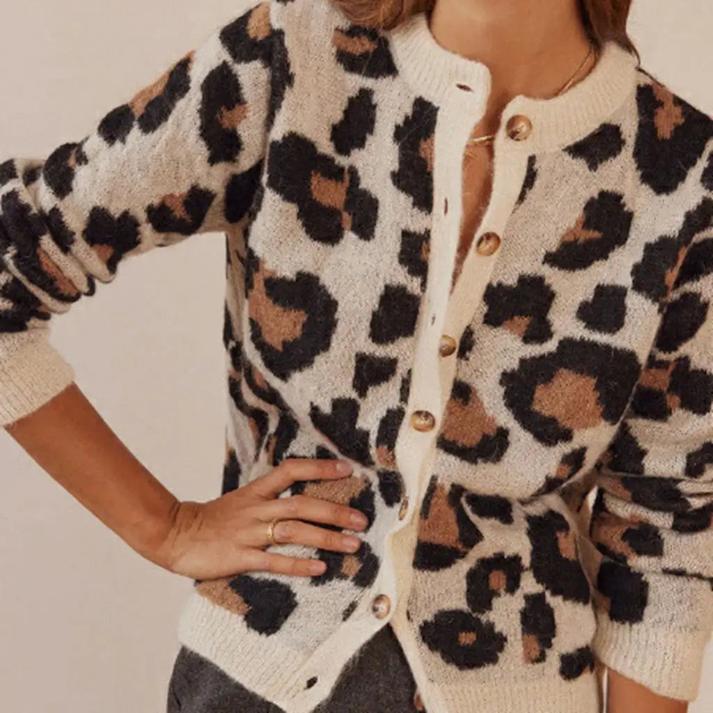 Combhasaki Women's Y2K Vintage Sweaters Aesthetic Striped Leopard Print Patchwork Button-down Round Neck Loose Fit Knitwear Coat