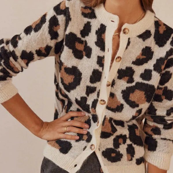 Combhasaki Women's Y2K Vintage Sweaters Aesthetic Striped Leopard Print Patchwork Button-down Round Neck Loose Fit Knitwear Coat