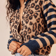 Load image into Gallery viewer, Combhasaki Women&#39;s Y2K Vintage Sweaters Aesthetic Striped Leopard Print Patchwork Button-down Round Neck Loose Fit Knitwear Coat