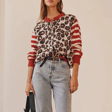 Load image into Gallery viewer, Combhasaki Women&#39;s Y2K Vintage Sweaters Aesthetic Striped Leopard Print Patchwork Button-down Round Neck Loose Fit Knitwear Coat
